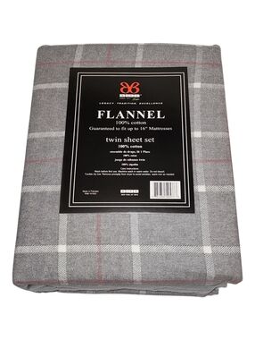 BIBB Home Twin Size Gray Checkered Cotton‎ Flannel Sheet Set 3pc